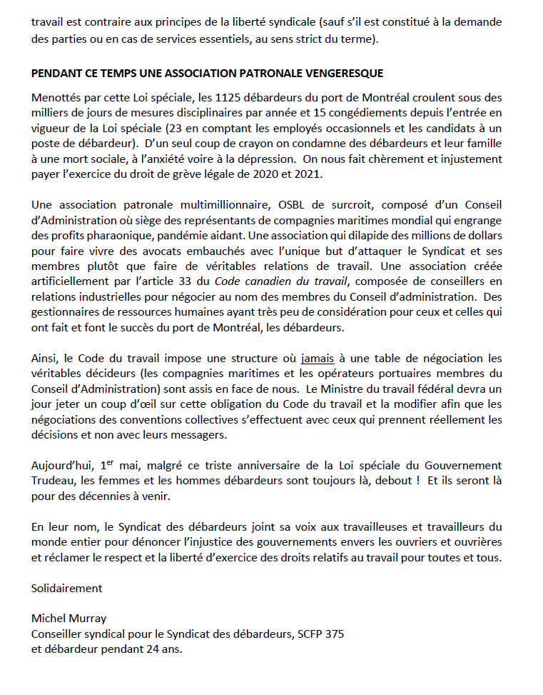 Lettre opinion - 1er mai 2022 - LOI SPÉCIALE PORT DE MONTRÉAL - DÉBARDEURS SCFP 375