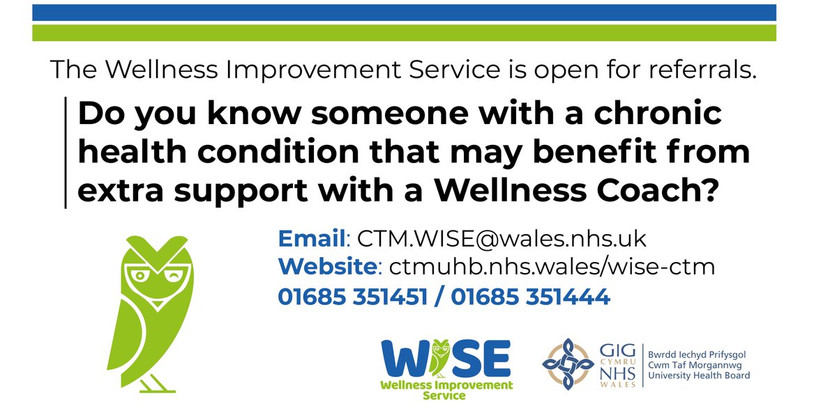 Do you know someone with a chronic health condition that may benefit from extra support with a Wellness Coach?
The Wellness Improvement Service (WISE) is now open for referrals.
ctmuhb.nhs.wales/wise-ctm/news-…
For further information please email: CTM.WISE@wales.nhs.uk
