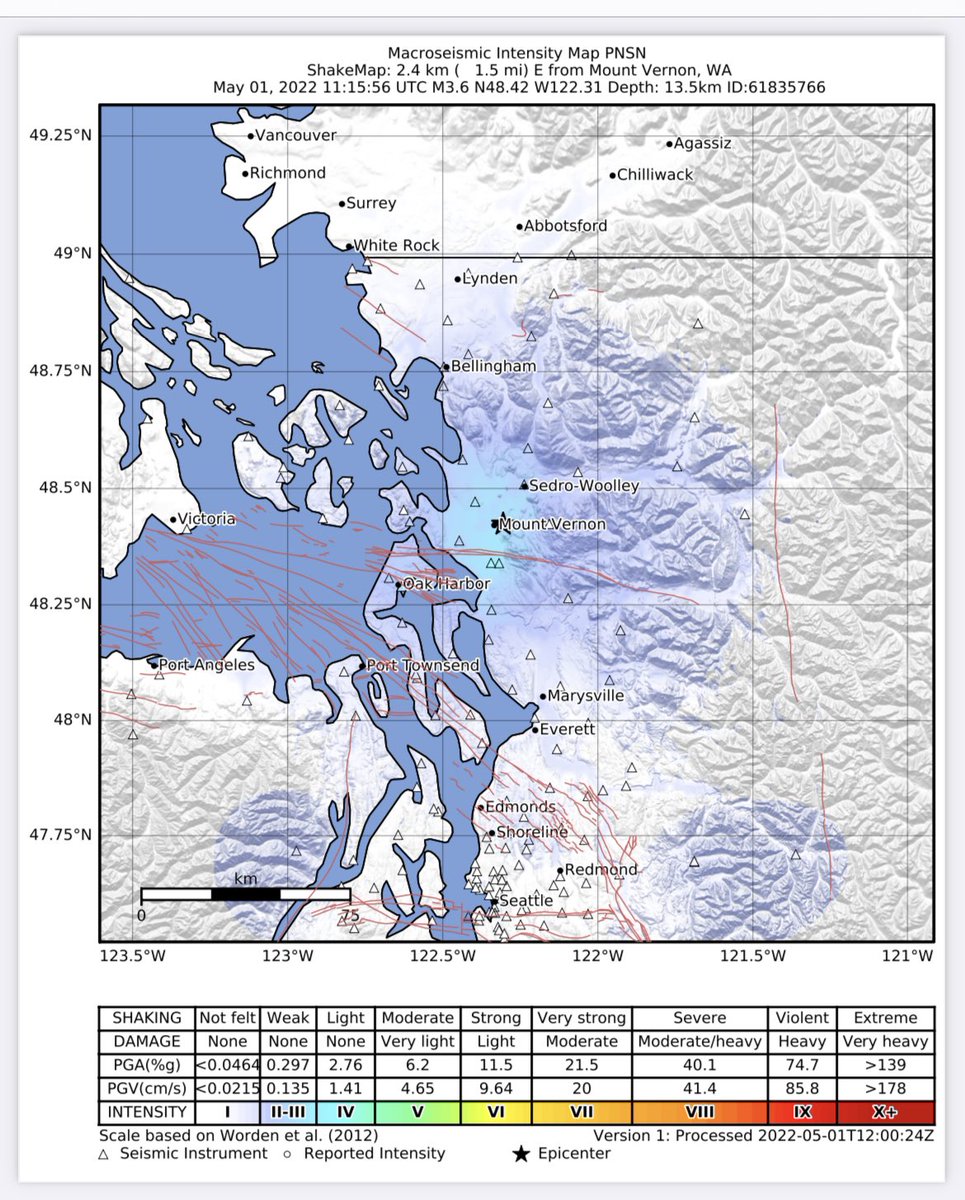 ShakeMap for magnitude 3.6 quake near Mt. Vernon Washington