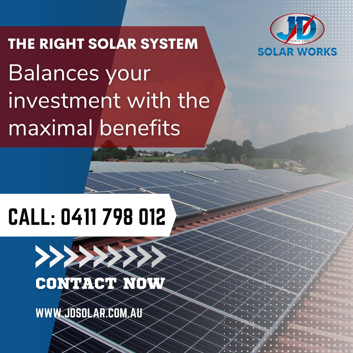 It is an energy source that is both free and limitless. Take use of the solar panels' power and store it to save even more money. 
Make the switch to solar... 
JD Solar is the place to go.
Request a Free Consultation Right Now
Call :+ 0411 798 012 
jdsolar.com.au