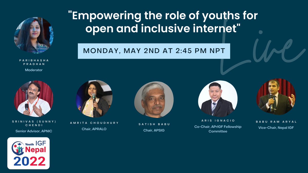 youthIGFNepal's tweet photo. How different stakeholders in Internet Governance ecosystem are empowering the role of youth for open and inclusive internet: panel discussion with 
@AmritaChoudhury @satish_babu @aris_ignacio @merobabu 
Register here: 
https://t.co/vINkbqmQY6
#youthIGF
#yIGFNepal
#IGF https://t.co/aV1gLKn09t