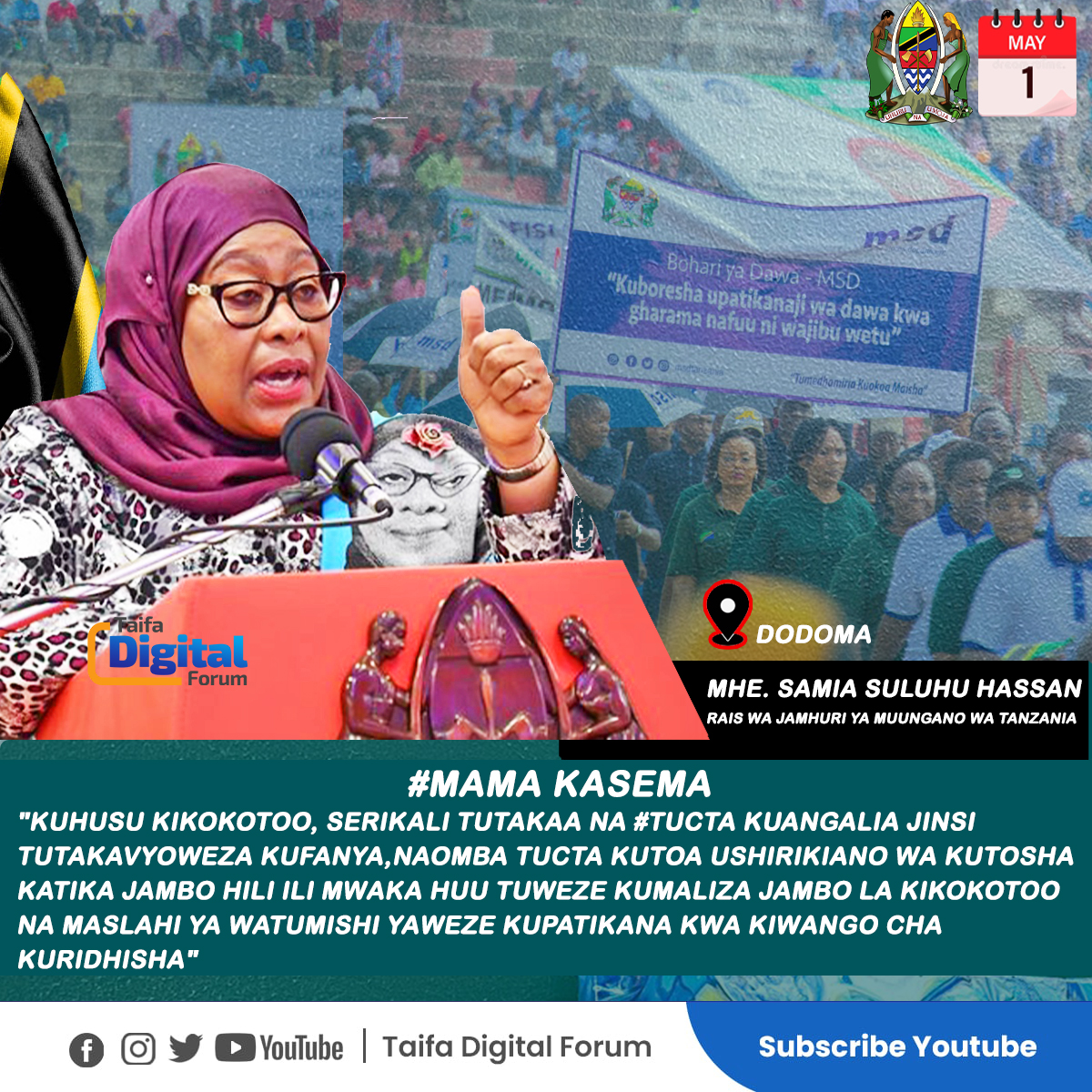 Taifazone's tweet image. "Kuhusu kikokotoo, Serikali tutakaa na #TUCTA kuangalia jinsi tutakavyoweza kufanya,naomba TUCTA kutoa ushirikiano wa kutosha katika jambo hili ili mwaka huu tuweze kumaliza jambo la kikokotoo na maslahi ya Watumishi yaweze kupatikana kwa kiwango cha kuridhisha"  @SuluhuSamia