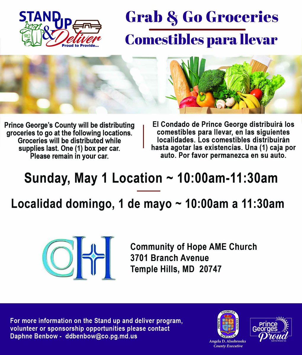 REMINDER: Free groceries are available today, May 1, through our Stand Up &amp; Deliver program.

RECORDATORIO: Los comestibles gratuitos están disponibles hoy, 1 de mayo, a través de nuestro programa Stand Up &amp; Deliver. #PrinceGeorgesProud #ProudtoProvide