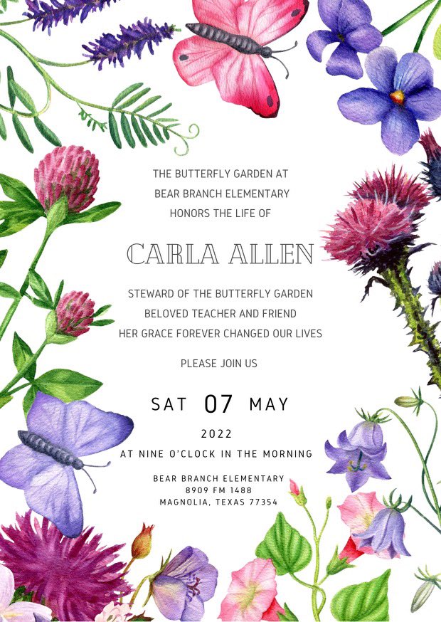 Come join us this Saturday, May 7th to honor Carla Allen in our Butterfly Garden! 🦋🦋🦋🦋