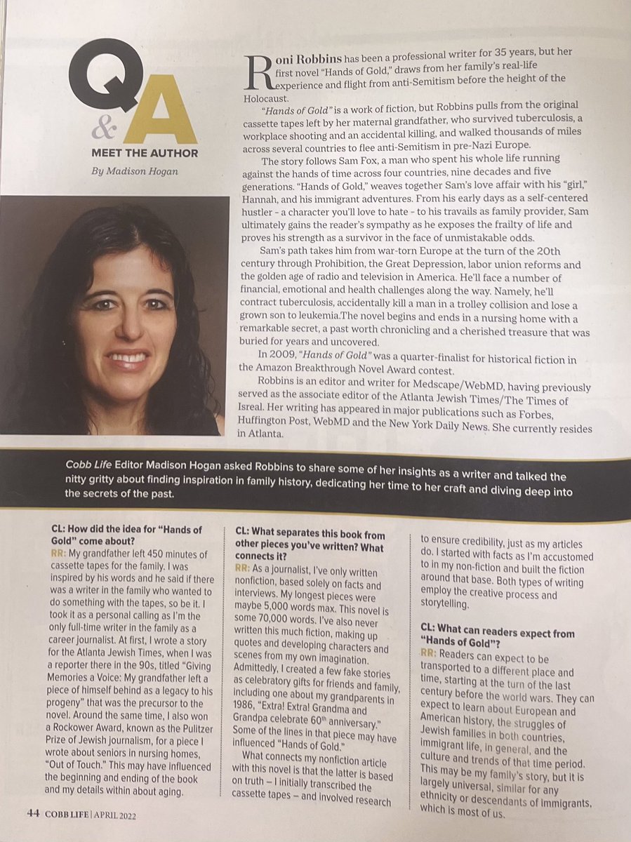 ronirobbins's tweet image. Hands of Gold made Cobb Life magazine, part of the Marietta Daily Journal, my local paper. linktr.ee/ronirobbins #handsofgold #love #family #history #historicalfiction #local #neighborhood #journalism #localnews