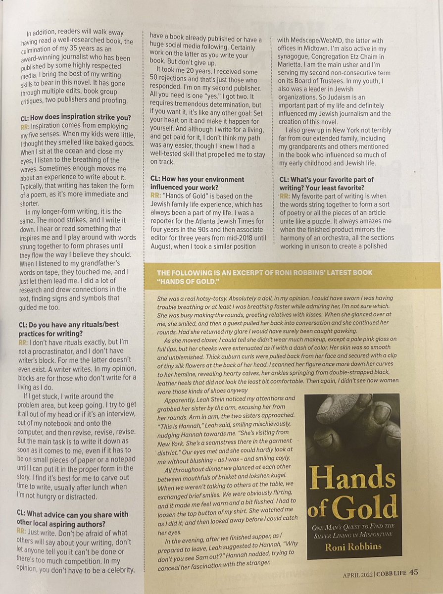 ronirobbins's tweet image. Hands of Gold made Cobb Life magazine, part of the Marietta Daily Journal, my local paper. linktr.ee/ronirobbins #handsofgold #love #family #history #historicalfiction #local #neighborhood #journalism #localnews