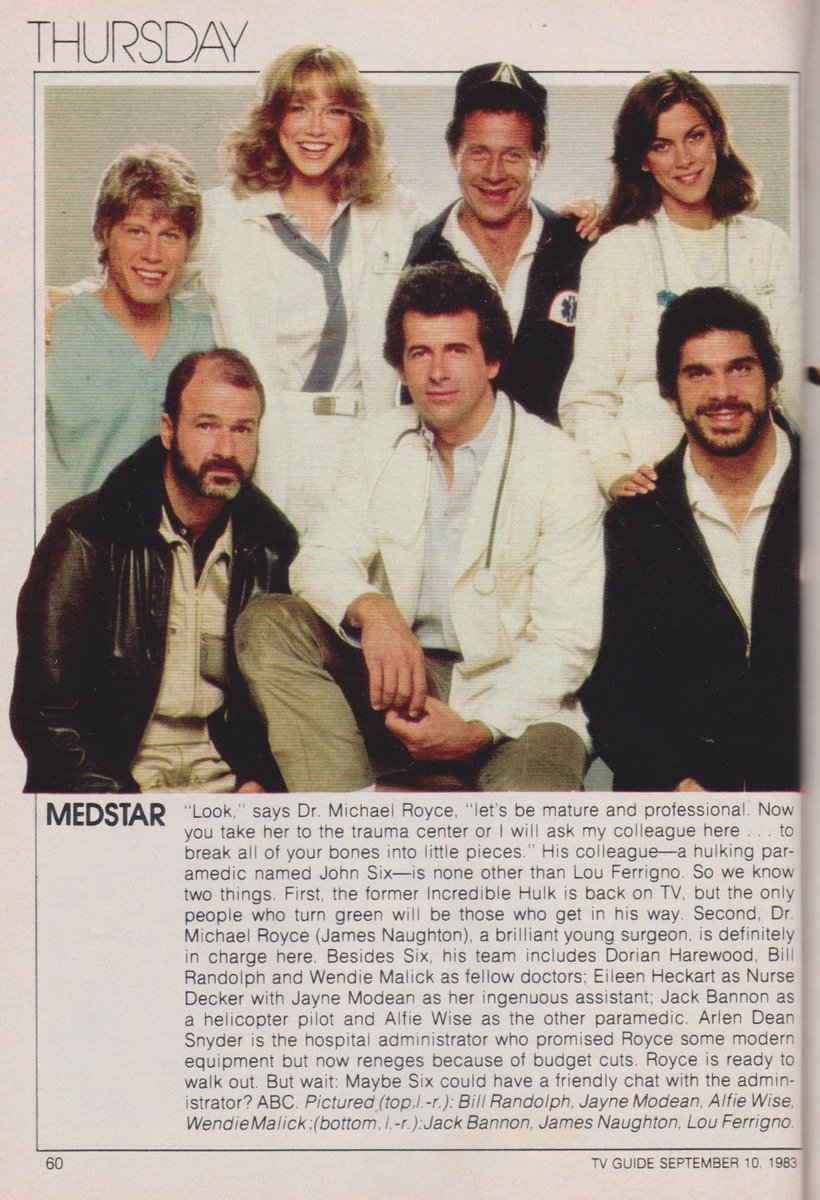 TVGFPI's tweet photo. MEDSTAR. 1983.

#MEDSTAR #BillRandolph #JayneModean #AlfieWise #WendieMalick #JackBannon #JamesNaughton #LouFerrigno #EileenHeckart #ArlenDeanSnyder #TVGuide https://t.co/qn3bAqSsuY