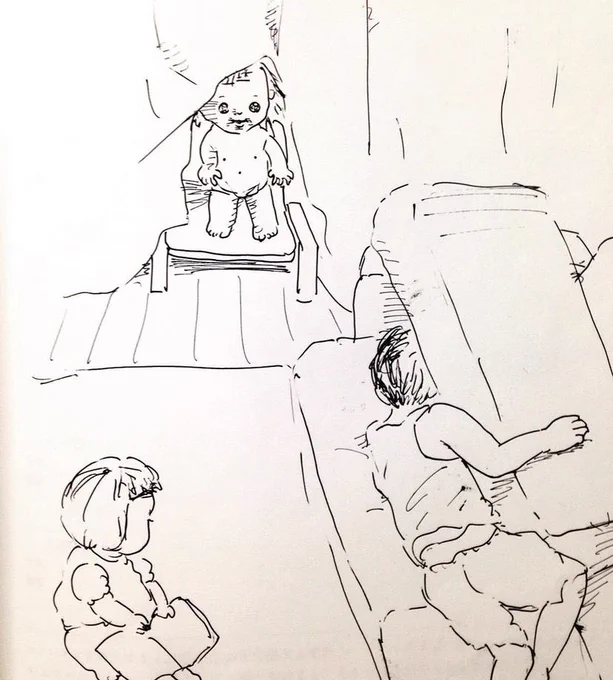アイコンの元絵。ソファで寝てしまった次男をカーテンのかげからそっと見守るぽぽちゃん(2015年初秋) 