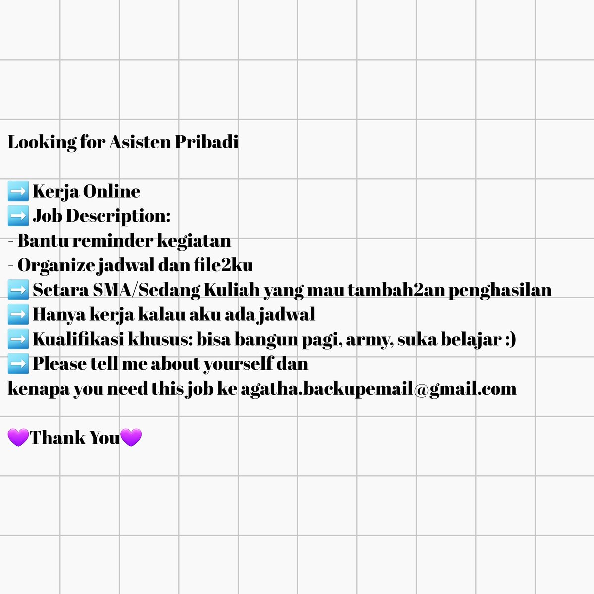 parkjiminsayang's tweet photo. Hello, aku lagi cari asisten pribadi boleh coba apply yah. Start workingnya immediately, work from dari mana aja dan sifatnya part-time. #LokerINDOMY @LokerINDOMY thank you 💜🌼 https://t.co/tddp9OUoat