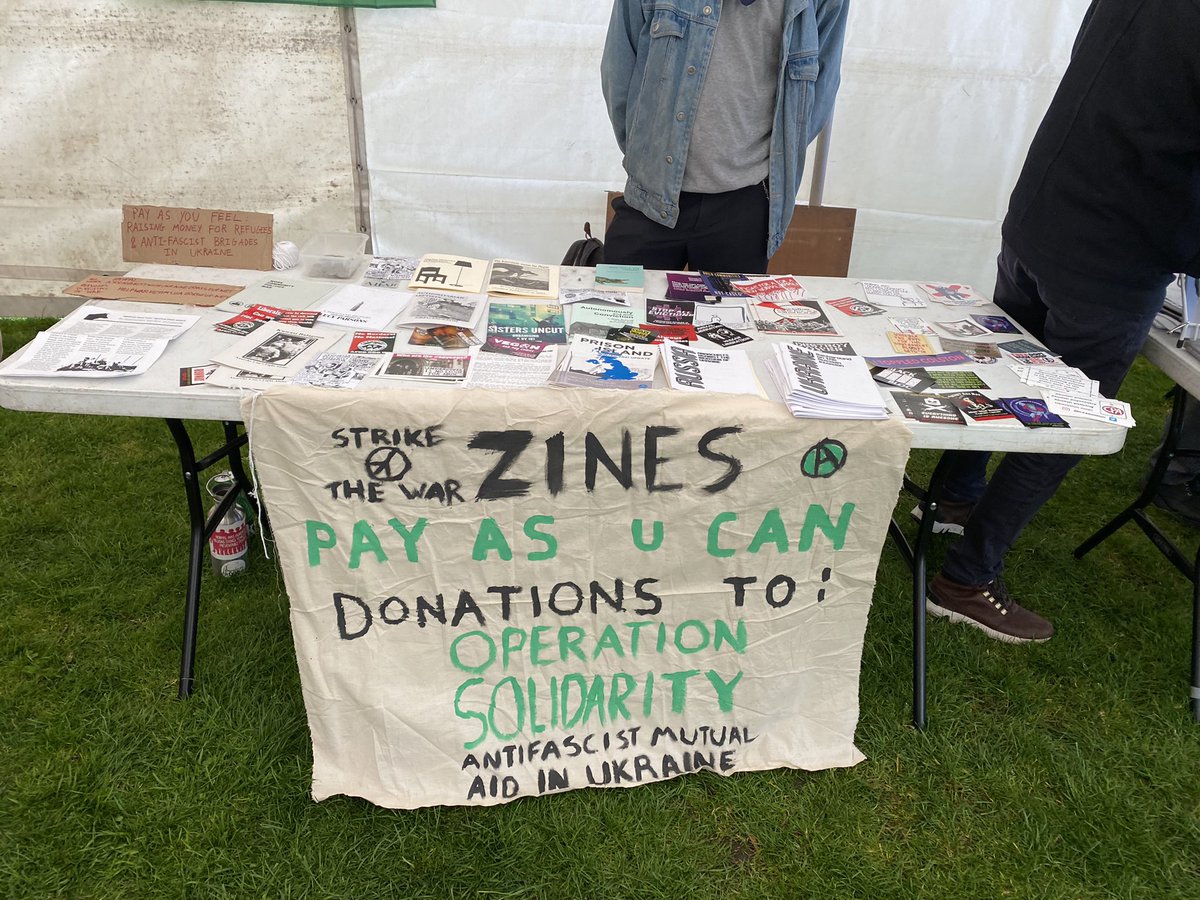 M_I_L_Front's tweet photo. Come catch us today at the Manchester May Day demo! We have a stall, giving out books, zines and stickers for donation. Pay as you can. All donations go to Operation Solidarity, providing money and resources to groups in Ukraine supporting refugees and antifascists fighting back. https://t.co/qheJJdZQfS