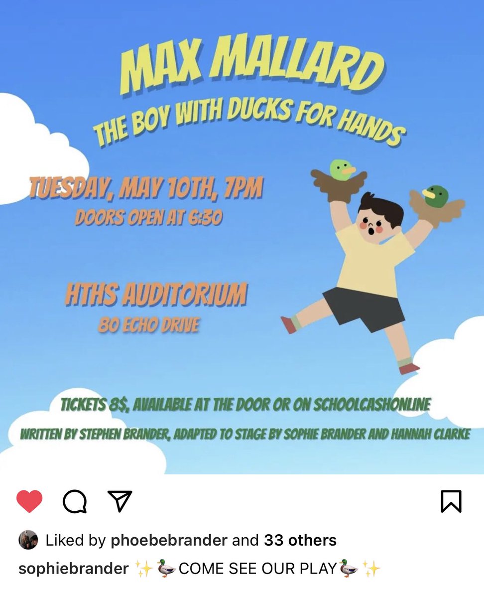 So what seems like 88 years ago I helped write /develop a comic book called Max Mallard the boy with Ducks for hands.  Fast forward to this year and daughter Sophie was looking for a play to direct at their high school. I suggested she adapt Max for the stage, and well > this!