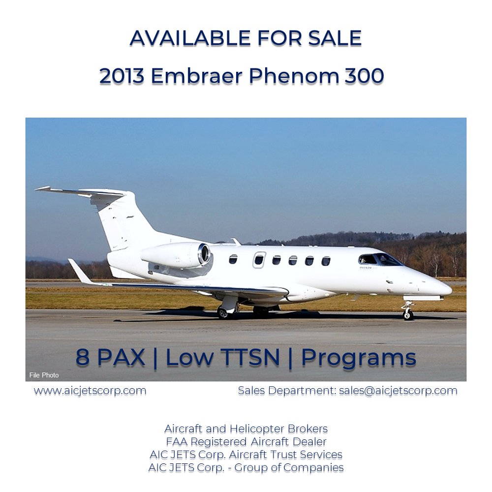 2013 Embraer Phenom 300 for sale:

facebook.com/aicjetscorpora…

AIC JETS Corp. Aircraft Trust Services
AIC JETS Corp. - Group of Companies

#AICJETSCorp #airport #Embraer #Phenom300 #businessaviation #flywithus #aircraftforsale #aircraftdelivery #privatejet