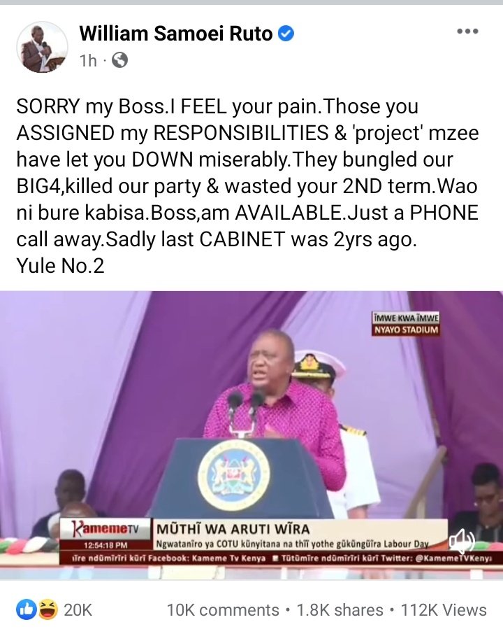 KiigenKoech's tweet photo. In a rebuttal; William Ruto hajaambia boss wake poa 🤣 The Deputy President is whipping the President without a whip. Yani... He is boxing Uhuru Kenyatta without punching him. My party leader is a political genius!!! Our Shakespeare 🙏🏾 @UDAKenya https://t.co/1gj2a2sLmJ