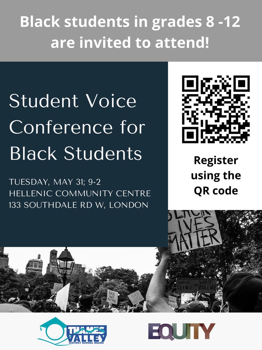 Black students in <a href="/TVDSB/">Thames Valley DSB</a> are invited to attend a student voice conference on Tuesday, May 31!

Information and registration details are available on the poster. <a href="/TVDSBEquity/">TVDSB Equity and Inclusive Education</a>