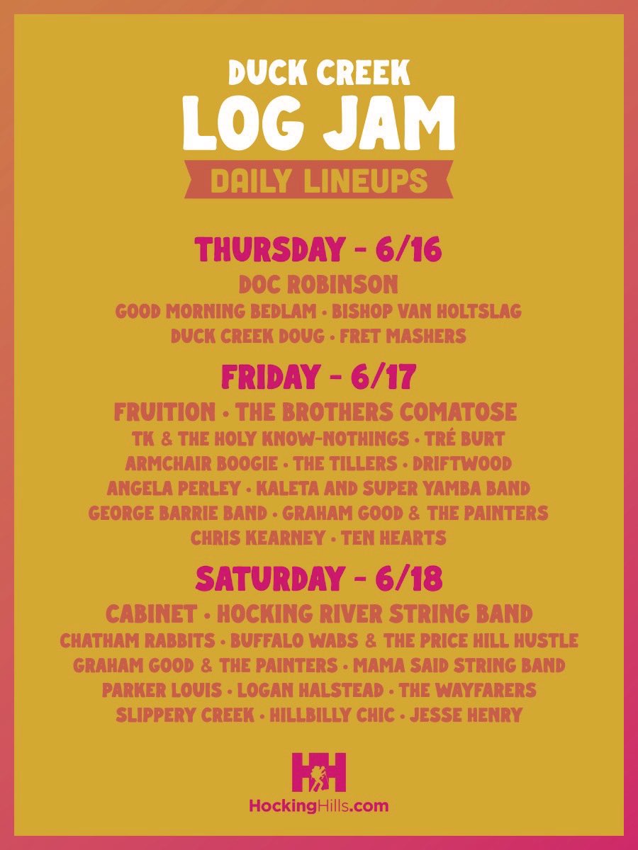 Check out these daily lineups for <a href="/DuckCreekLogJam/">Duck Creek Log Jam</a> ! June 16/17/18 in the #HockingHills   
🎟 -> duckcreeklogjam.com/tix