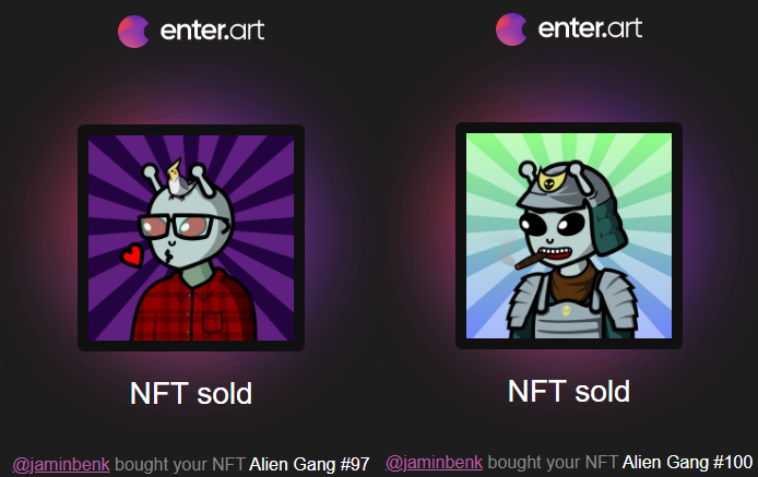 More members of the Alien Gang are getting collected!👽

Thank you so much <a href="/Jaminbenkenter/">Ben Kadora</a> for adding these to your collection! ❤️

And congratulations on finding the hidden #100!

Only on #EnterArt!

#enternft #nft #nftart #nftcommunity #nftcollectors #bsc #nftaliens #aliengang
