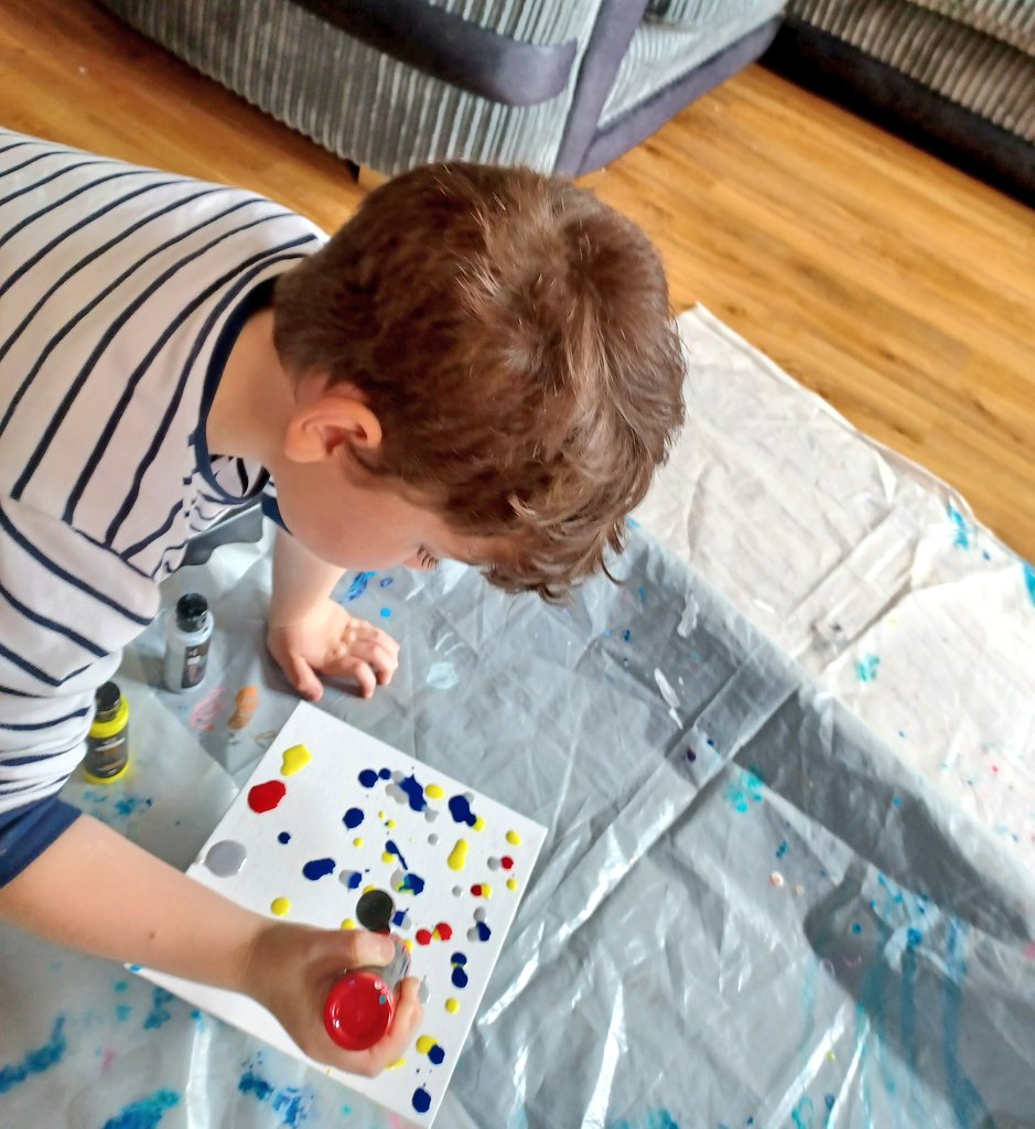 RestRising's tweet photo. "I" had a go at acrylic  paint pouring today, very messy but he loved the experimental nature of it and wanted to share his 100% self made art with @MpsPrimary Mrs Brown. He used the hairdryer, blowing with a straw and tilting the canvas to create his finished artwork. https://t.co/0Q44HFY5LP