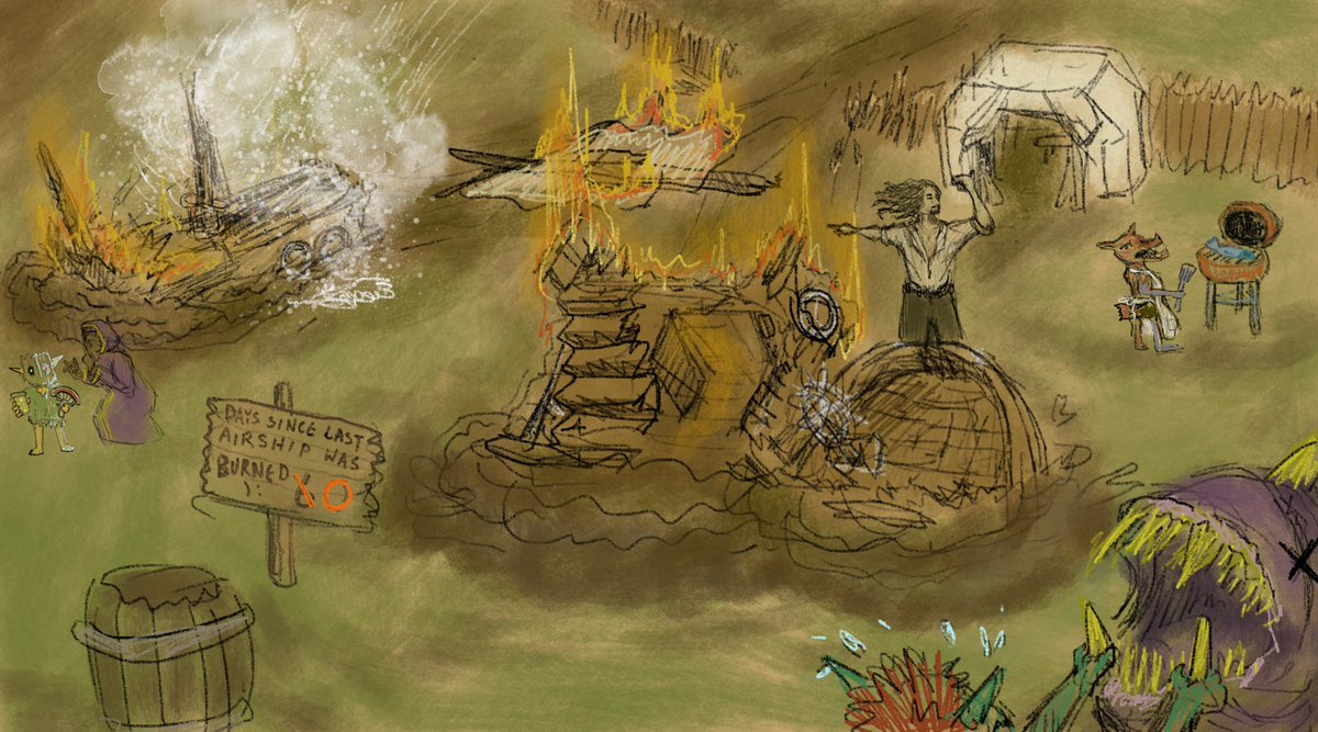 appledjuke's tweet photo. if you'd believe it, this is the 3rd time we've had an #airship burn to bits at camp. and it was only our fault the first 2 times (:
also ft finch our resident immortal goblin hauling back his spoils of war π‘οΈ
#dnd5e #ttrpg #digitalartist #digitalart #sessionnotes https://t.co/k7nHmUvHNU