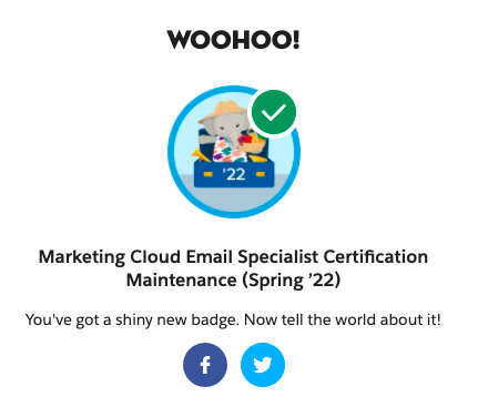 MsBeaPerkins's tweet photo. And then this one... just earned the Marketing Cloud Email Specialist Certification Maintenance (Spring ’22) badge on @Trailhead https://t.co/f1hEws7efB