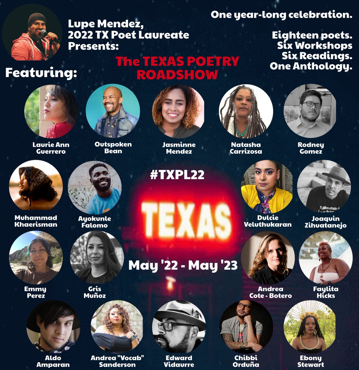 thepoetmendez's tweet photo. TODAY IS MY 1ST OFFICIAL DAY AS TEXAS POET LAUREATE. 

LET THE GAMES BEGIN. 

My first writing workshop is next weekend. 
Register here: https://t.co/pZ4ro4gvA4

Our first virtual reading will feature @emmyemmaperez + @gemineyespoetry + @AFalomo + me!  - 6.22.22 https://t.co/PYvLme9dCO