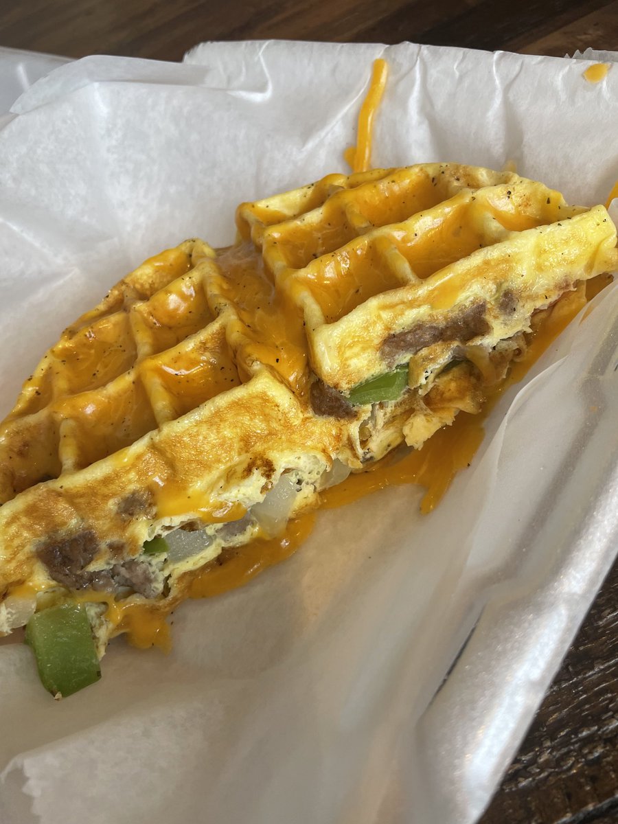 CarolReMarks's tweet photo. #twitterbreakfast That’s a womelette. An egg omelette made in a waffle iron. And it’s delicious. Also, French pressed Colombian coffee. https://t.co/1IycV8cMvZ