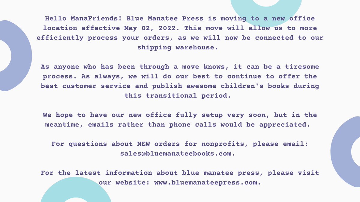 Hello ManaFriends! Blue Manatee Press is moving to a new office location on May 2nd. As always, we will do our best to continue to offer the best customer service & publish awesome children's books during this transitional period. Please see the post below for more info.