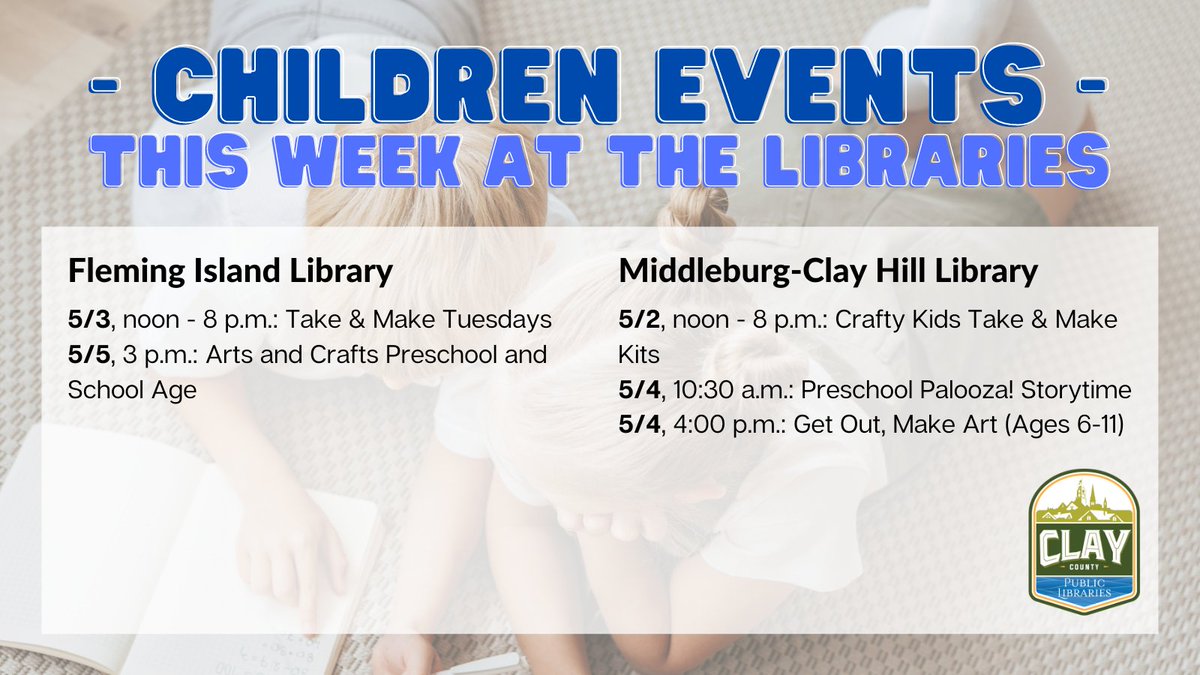 ClayLibrary's tweet image. Check out these events taking place this week at your local Clay County Public Library!

#ClayCoLibrary #LocalEvents