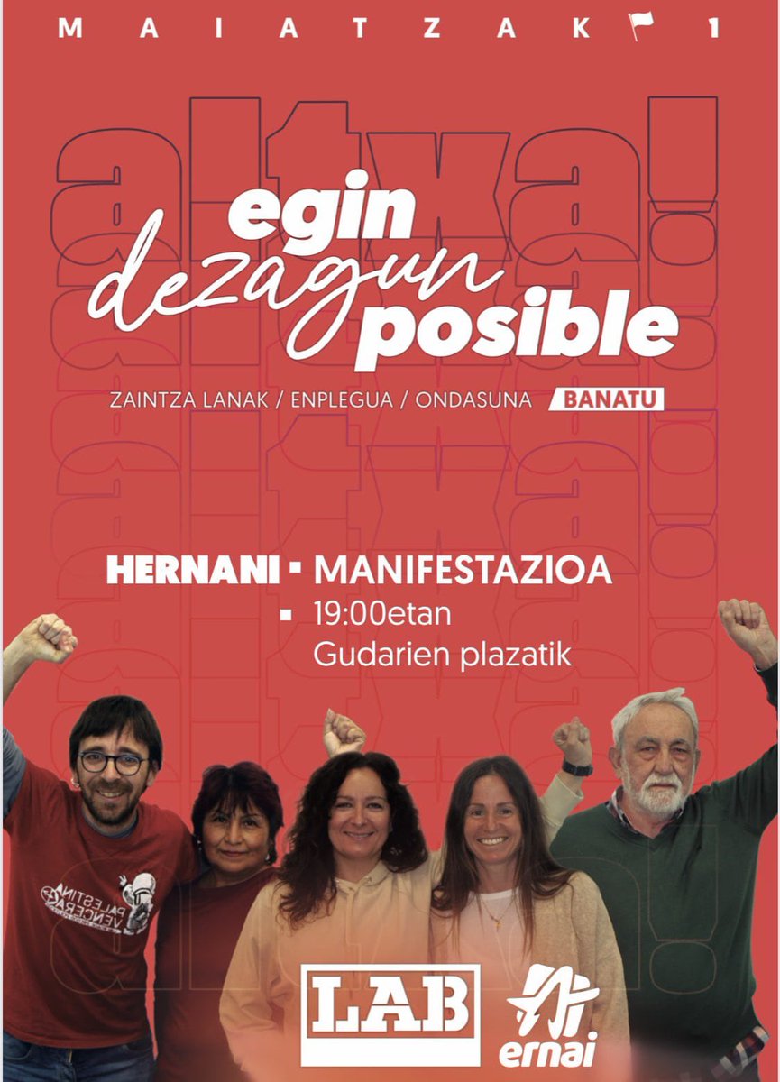 LAB_Goi_Tol_Bur's tweet photo. MAIATZAREN LEHENA
👉🏽Manifestazioa - 19:00etan Gudarien Plazatik (HERNANI)
ZAINTZA, ENPLEGUA, ONDASUNA BANATU! #Altxa https://t.co/MrjaVZhJE2