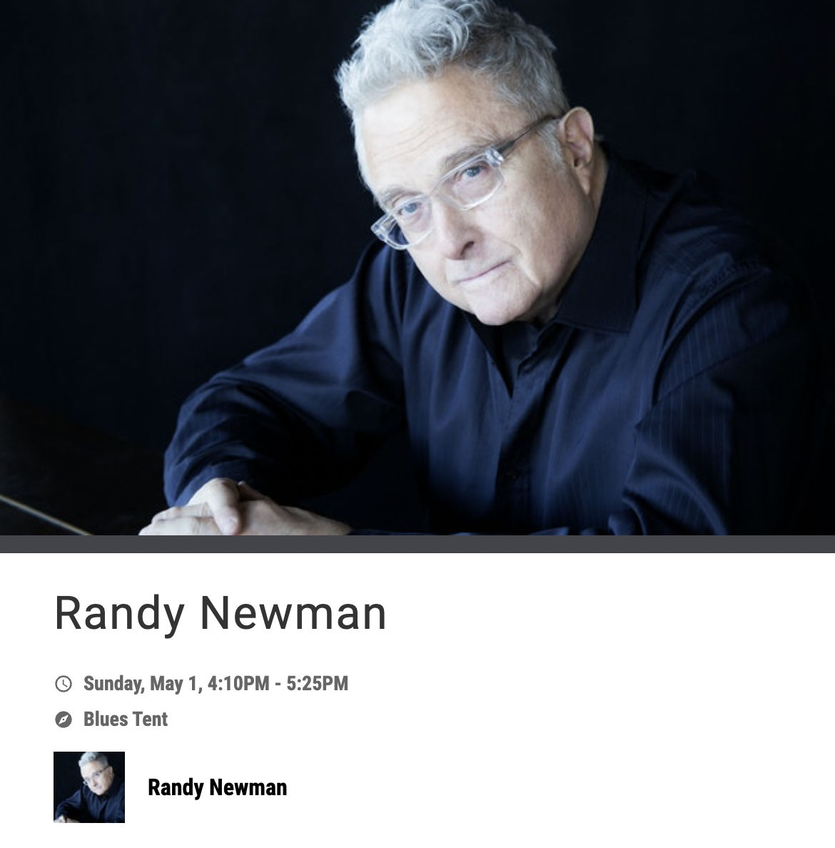 Randy performs in the JazzFest's Blues Tent today (May 1) from 4:10 to 5:25, New Orleans time.