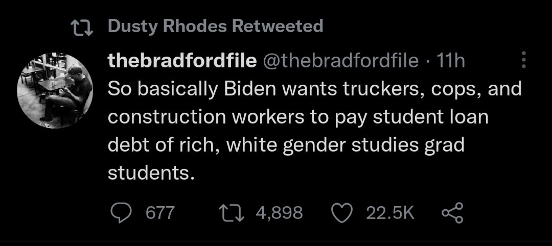 I wish I could find the tweet about how modern conservatism is literally just people creating made up scenarios in their heads, then getting REALLY angry & upset about the very NOT real thing that ONLY exists in their head.

Rise. Repeat.

Anyway, #AbolishStudentDebt ✊🏾