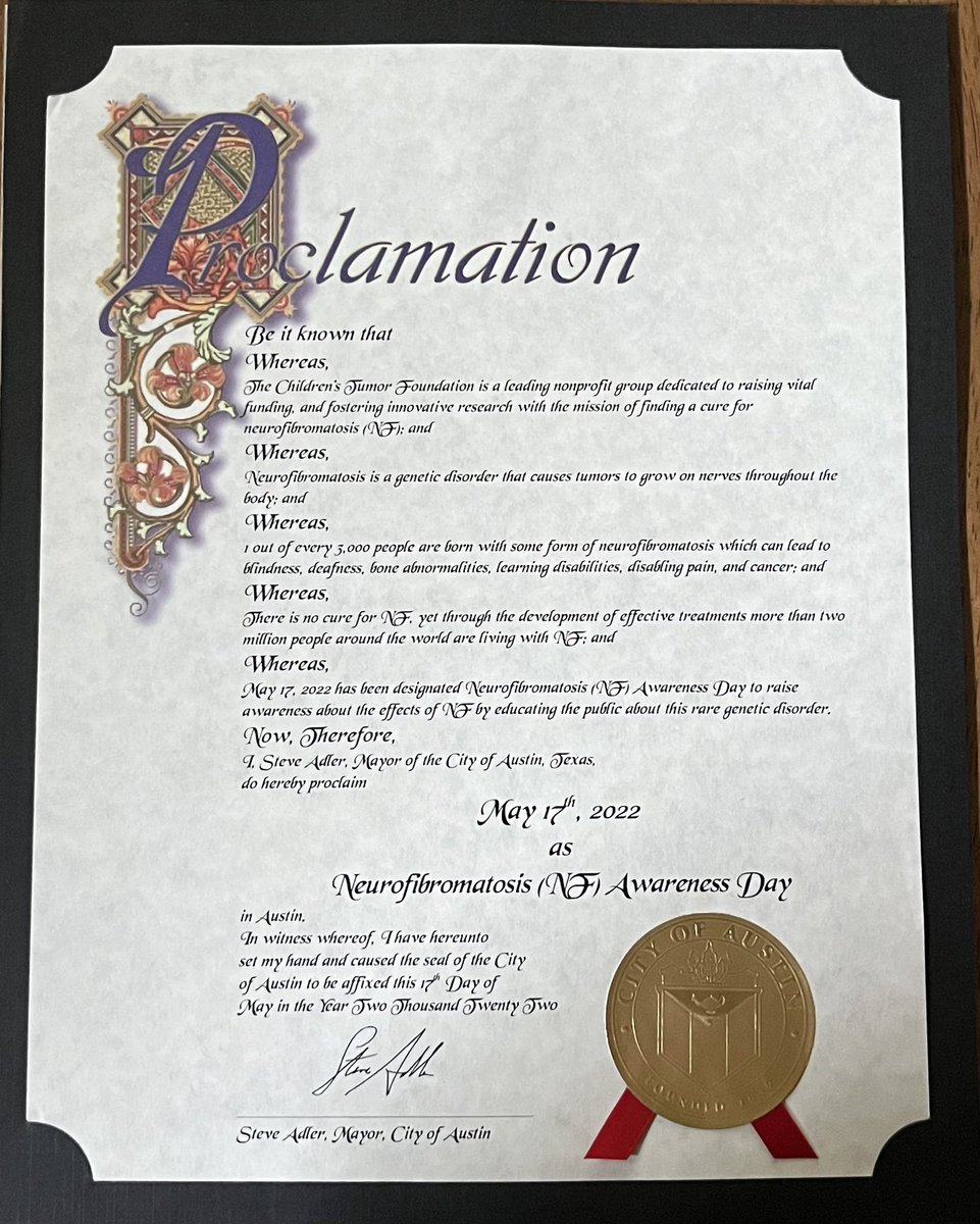 It’s #nfawarenessmonth. Thank you <a href="/MayorAdler/">Mayor Adler</a> for declaring May 17 NF Awareness Day! 💙💚 💙💚 💙💚 (<a href="/ChildrensTumor/">Children's Tumor Fdn</a>)