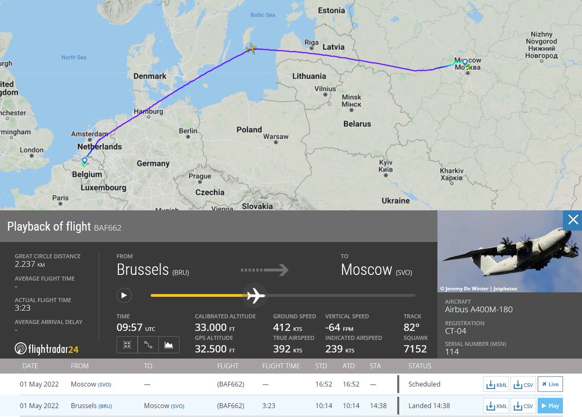 Gerjon_'s tweet photo. Earlier today, a Belgian Air Force Airbus A400M (reg. CT-04 as #BAF662) flew from 🇧🇪Brussels to 🇷🇺Moscow, possibly picking up 12 🇧🇪Belgian and 15 🇳🇱Dutch diplomats, returning now.
They were given 2 weeks to leave the country, expiring in a few days.
https://t.co/TPP7bPXbn4 https://t.co/u0CFFLr3N2