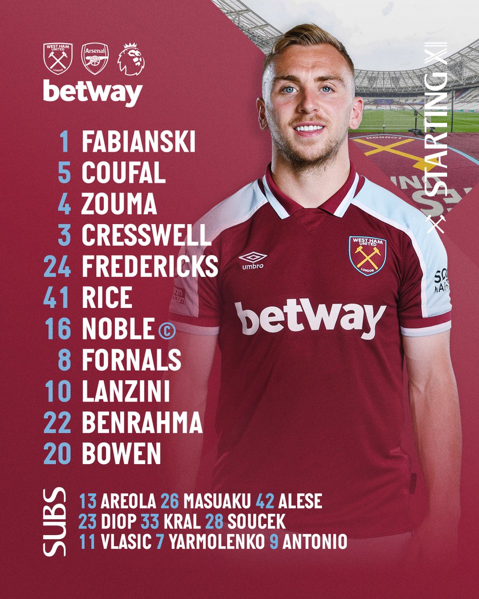 WestHam's tweet photo. Five changes today.

Here's how we're lining up...

@betway | #WHUARS https://t.co/h81Jp339wG