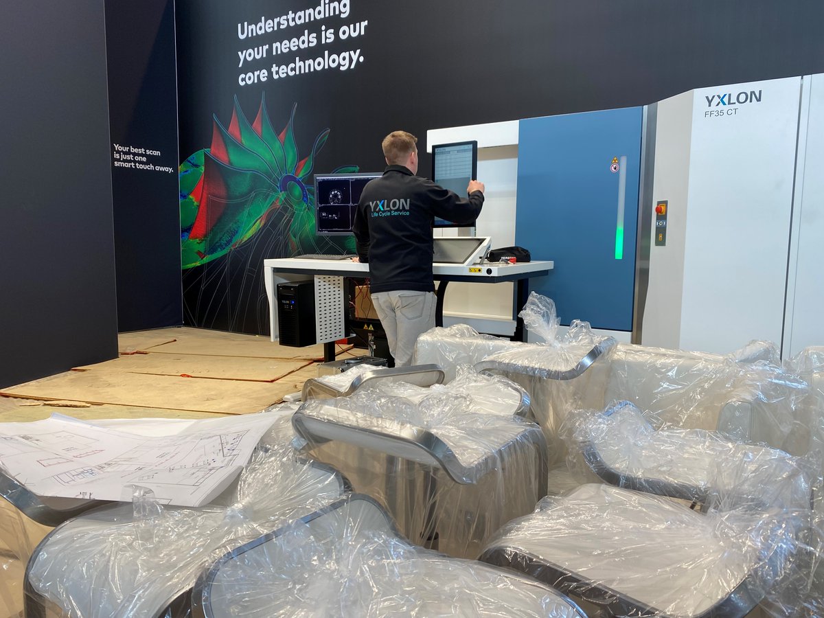 CometYxlon's tweet photo. Preparations for @Control_Messe  are in full swing. Piece by piece, our booth is taking shape. A big thank you to our #boothbuilders and #engineers who are doing a great job 💪 here in Stuttgart during the weekend. Looking forward to meeting you at our booth 3305 as of May3rd. https://t.co/v0ojv1N2j0
