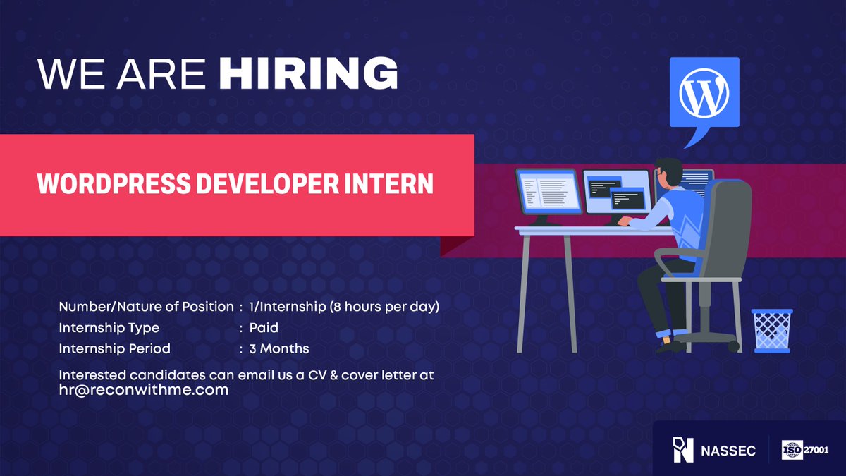 nassecio's tweet photo. We are hiring! We are offering an internship opportunity in the Technical department - "WordPress Developer Intern". Visit us at https://t.co/EBuEEiKpVJ​ for more information. https://t.co/nizRXx57PG
