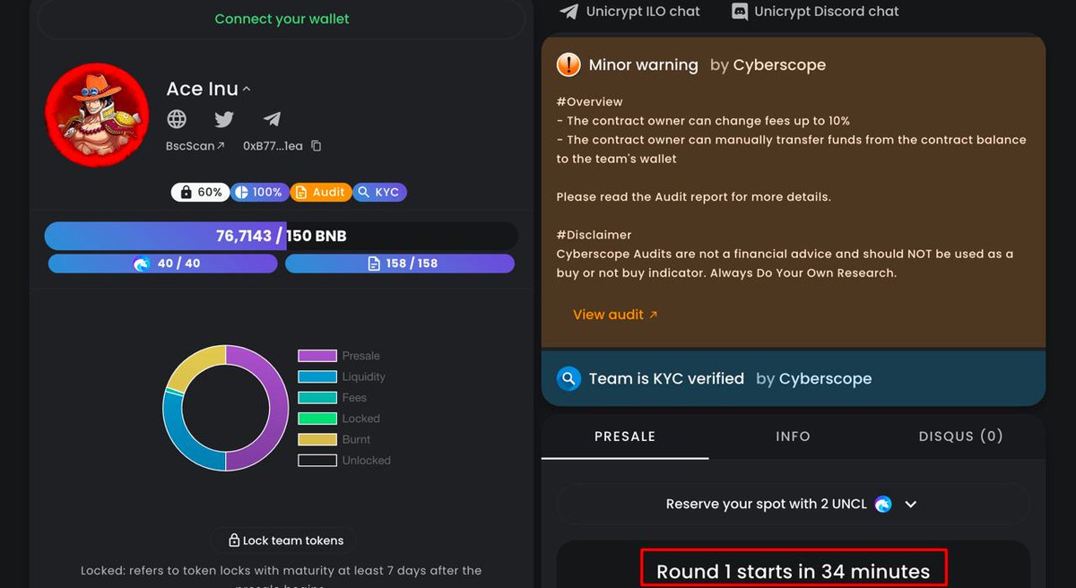 ⏰ Countdown for Round 1 ILO Ace Inu Presale 

Buy at : app.unicrypt.network/amm/pancake-v2…

Buymax: 0.75 $BNB

❗️Careful with scam links