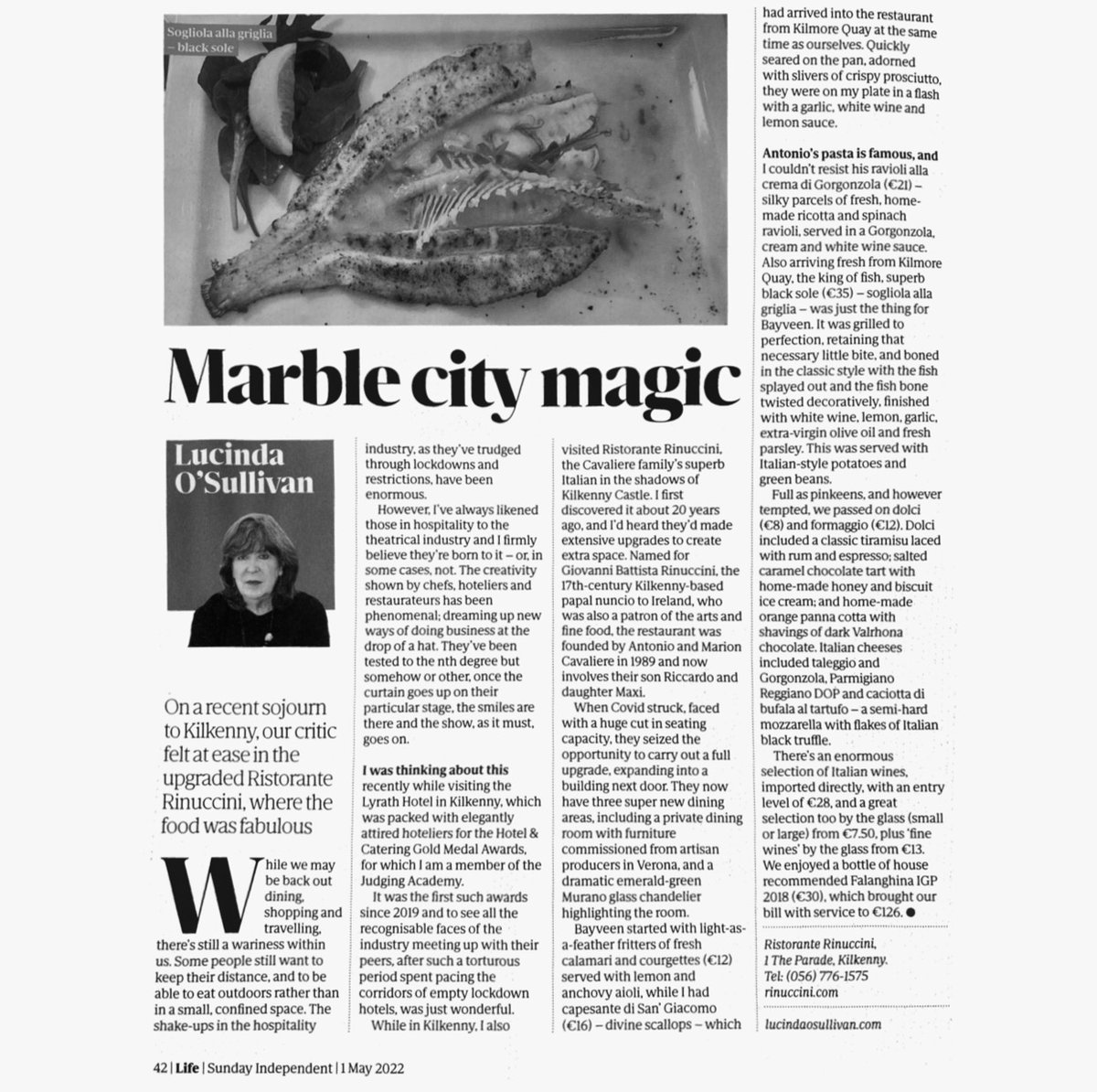 A lovely start to our Sunday, <a href="/LucindasIreland/">LUCINDA O’SULLIVAN</a> article in today’s <a href="/Independent_ie/">Irish Independent</a>. Thank you Lucinda for your very kind words and continued support. 

#Rinuccini #Kilkenny #LucindasIreland #SundayIndependent