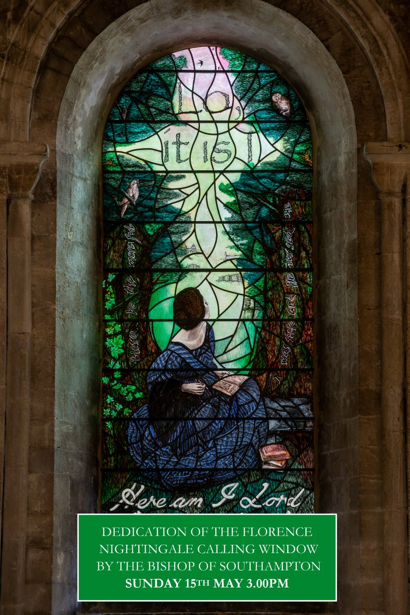 romseyabbey's tweet photo. The Florence Nightingale Calling Window will be dedicated by the Bishop of Southampton on Sun 15 May at 3pm in Romsey Abbey.
The 4-metre high stained glass window was created by artist Sophie Hacker to mark 200 years since Florence Nightingale's birth. 
All welcome. https://t.co/HYObBxdvP0