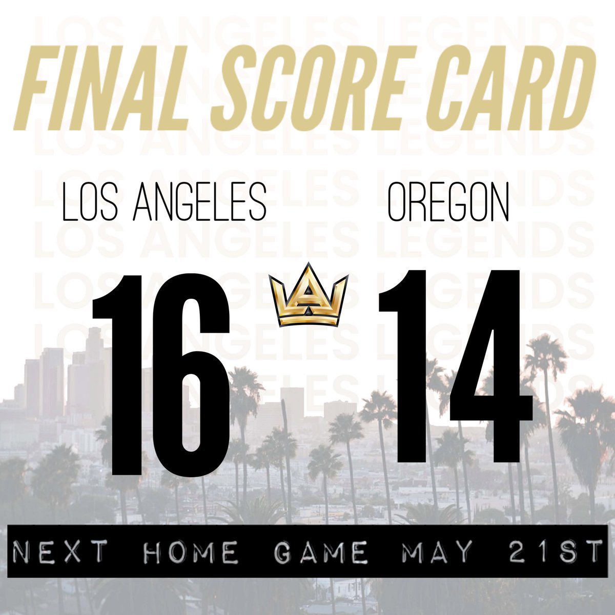 We’re so proud of our Legends for closing out the night with a W in the first ever matchup vs the <a href="/OregonRavens/">Oregon Ravens</a> 

Next week we’re on the road taking on the @utahfalconz, but catch us at home on in L.A. May 21 for a rematch vs <a href="/SDRebellion/">San Diego Rebellion</a> for our final game of the regular season