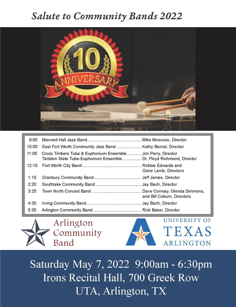 817Arts's tweet photo. 10th Annual Salute to Community Bands Hosted by the Arlington Community Band and Located at Irons Recital Hall https://t.co/QuHh0k02Ba