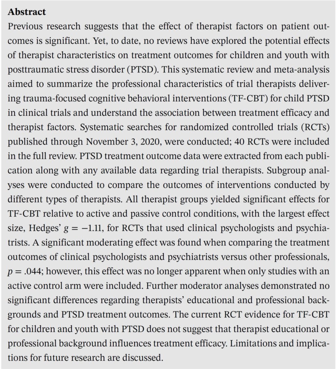 Does therapist profession/qualifications affect efficacy of TF-CBT #CBTworks for child &amp; adolescent #PTSD? Systematic review &amp; meta-analysis now out - work by Lauren Grainger, Zoe Thompson, <a href="/MorinaNexh/">Nexh Morina</a>, @HoppenDr onlinelibrary.wiley.com/doi/full/10.10… #OpenAccess