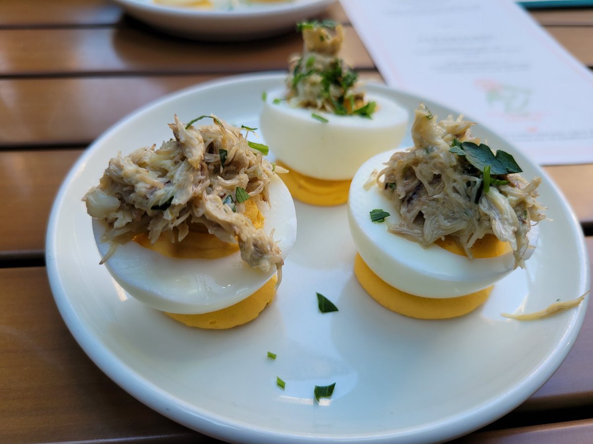 soulfoodscholar's tweet photo. Tasty #happy hour at @dauphinesdc: #crab-topped #deviledeggs, #hogsheadcheese, #biscuits. https://t.co/4phhq2S4Aj