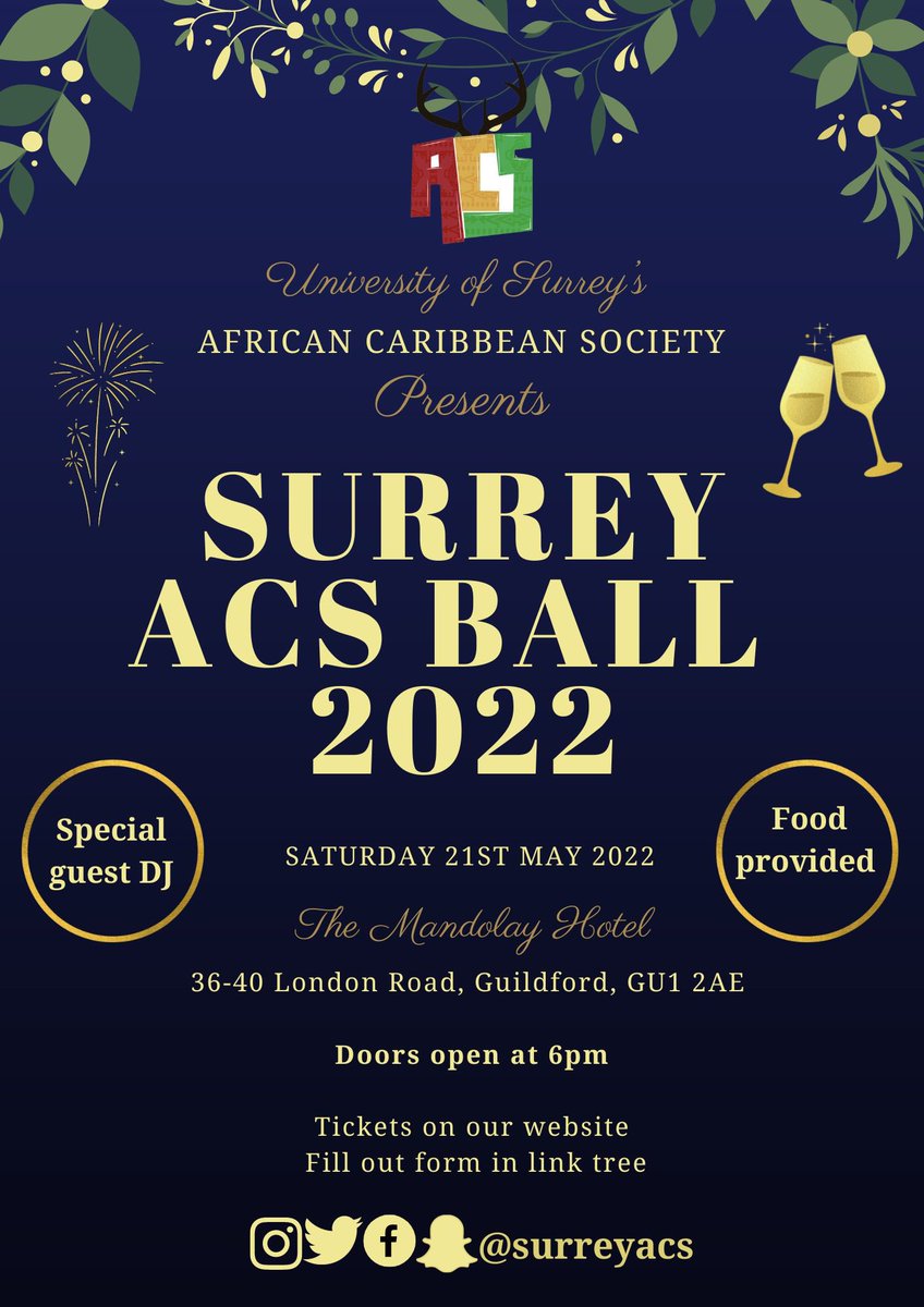 SurreyACS's tweet photo. SURREY ACS BALL 2022 !!!!
After 3 years, our annual ball returns 🥳🥂
A night of glitz and glamour, and celebration of all that we have achieved this year🤍🫶🏾

Sat 21st May | Mandolay Hotel | Doors open at 6pm

Link to tickets: https://t.co/BnFEyqyj9P https://t.co/Uk156p8DY5