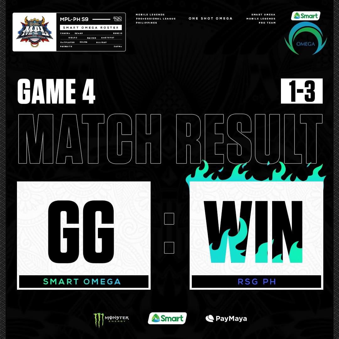 OmegaEsportsPH's tweet photo. The formation of RSG PH is just too hard to break down on this game. GG!

Your support is needed more than ever on Game 5 so let’s cross our fingers and hope for a win! 🤞💚💙

#OneShotOmega #PAYMAYA #UnleashTheBeast #MLBBEsports #MPLPhilippines #LakasNgPinas #BeLegendary #MPLS9 https://t.co/fRUTMzOlQP