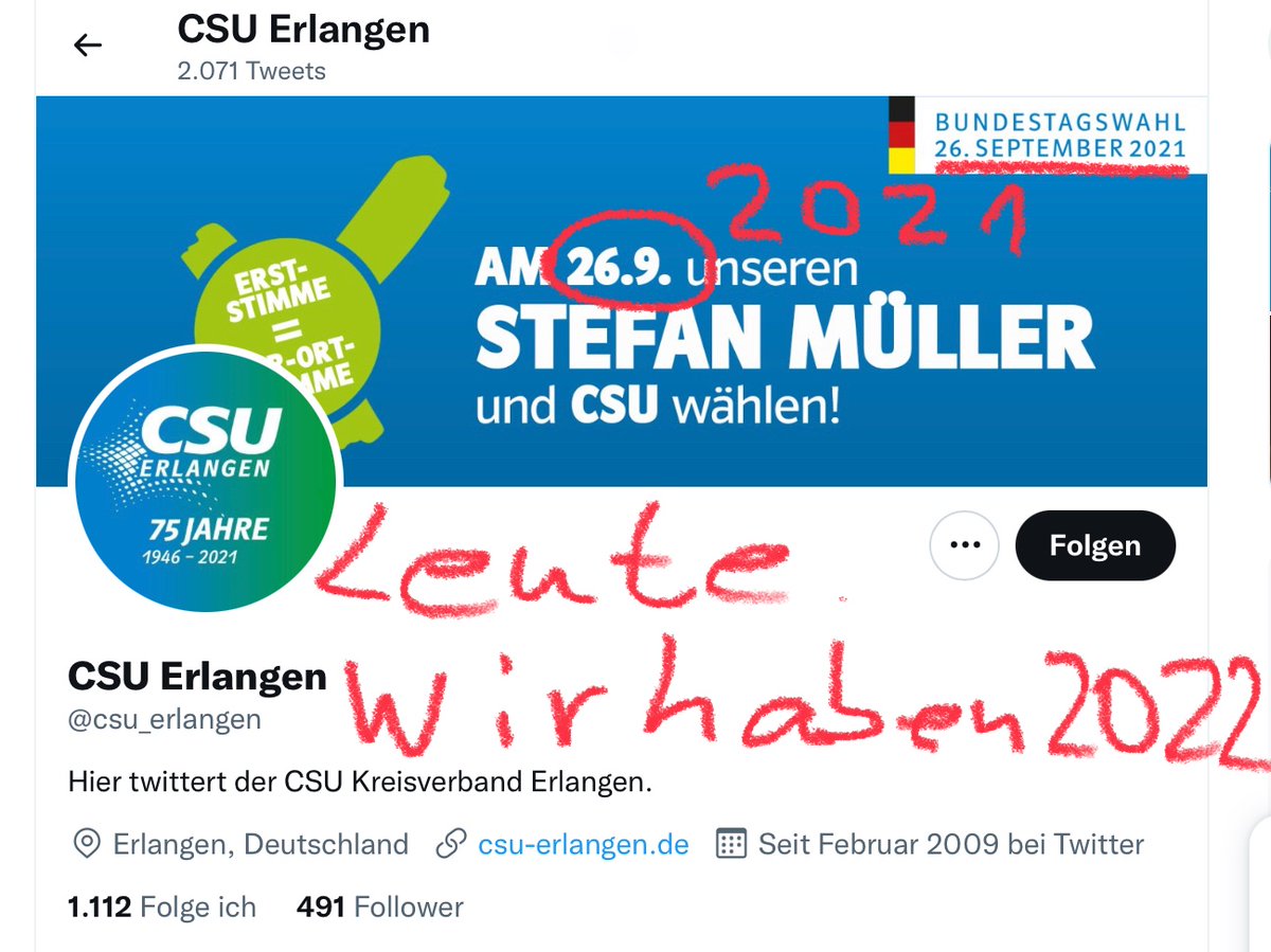 M_Hundhausen's tweet photo. LOL. Die #CSUErlangen hat ein Banner, welches für die Bundestagswahl eingerichtet war. Mehr als 7 Monate ist das her.
Social media ist deren Thema nicht. Und sie reden von Digitalisierung und Innovation…. https://t.co/vhKGjYCgGx