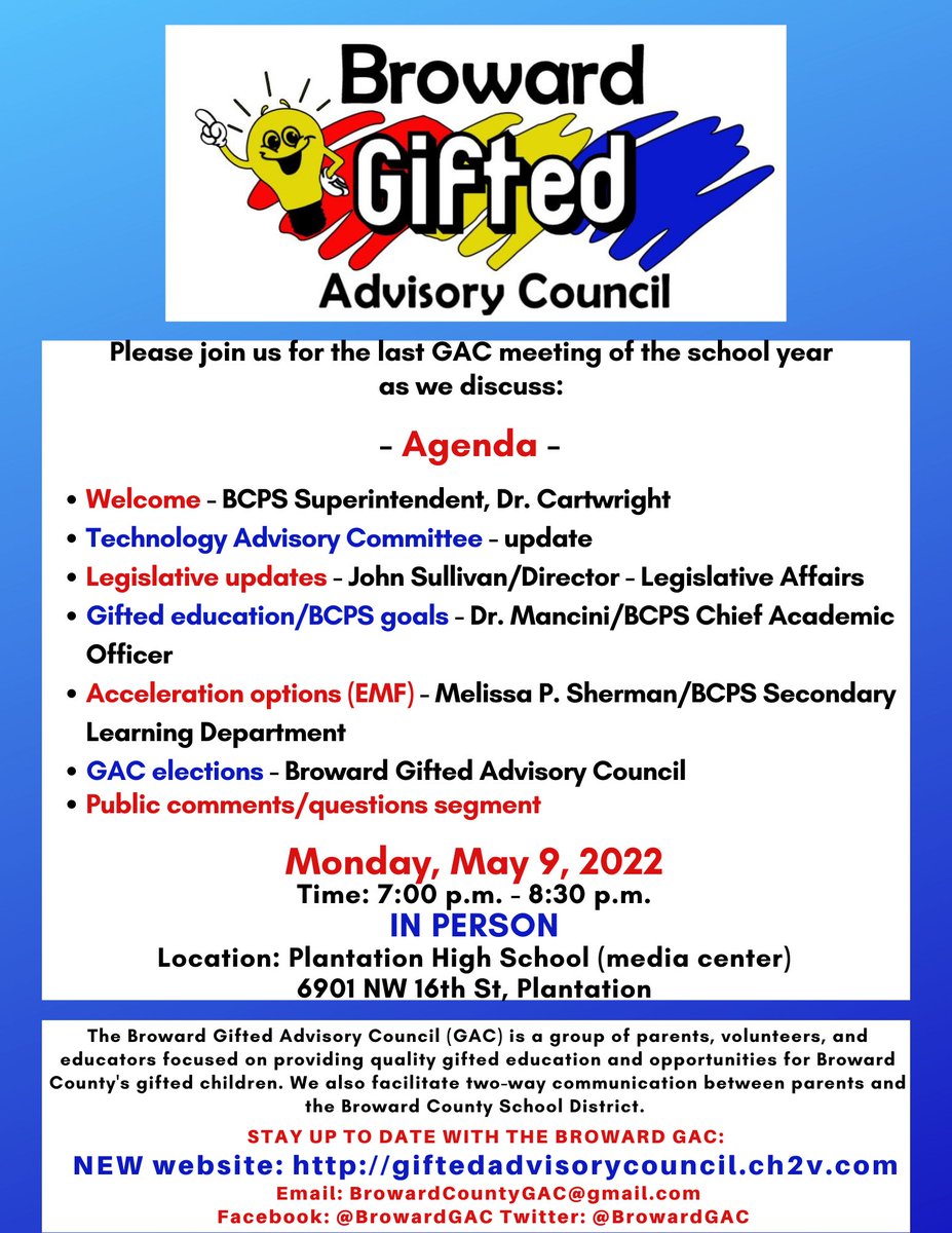 Please join us for the last meeting of this school year! This meeting will be held in person at Plantation High on May 9th. We hope to see you there!