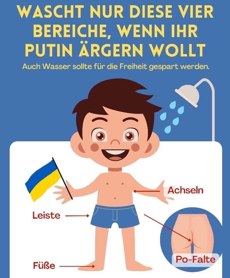 Agenda2030_'s tweet photo. Haré campañas para promover el ahorro de agua. Te pasarás brevemente la esponja por los sobacos, las partes nobles y los pies, junto con la solidaridad de tu bandera de Ucrania y serás feliz mientras mis títeres políticos gastan millones en el conflicto. https://t.co/inBaNHErma