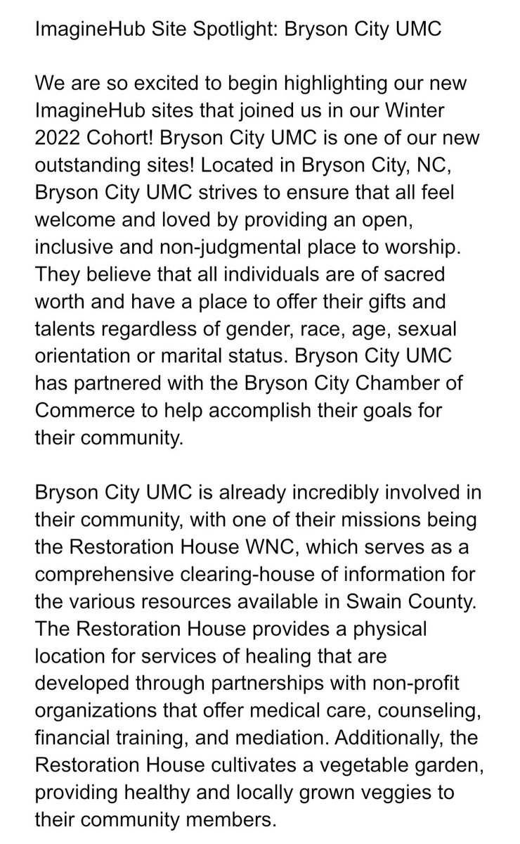 ImaginehubU's tweet photo. ImagineHub Site Spotlight: Bryson City UMC 

We cannot wait to see what other amazing work Bryson City UMC will do with ImagineHub. We look forward to watching them grow and prosper as they continue to impact their community! https://t.co/lYjqFJPY9L