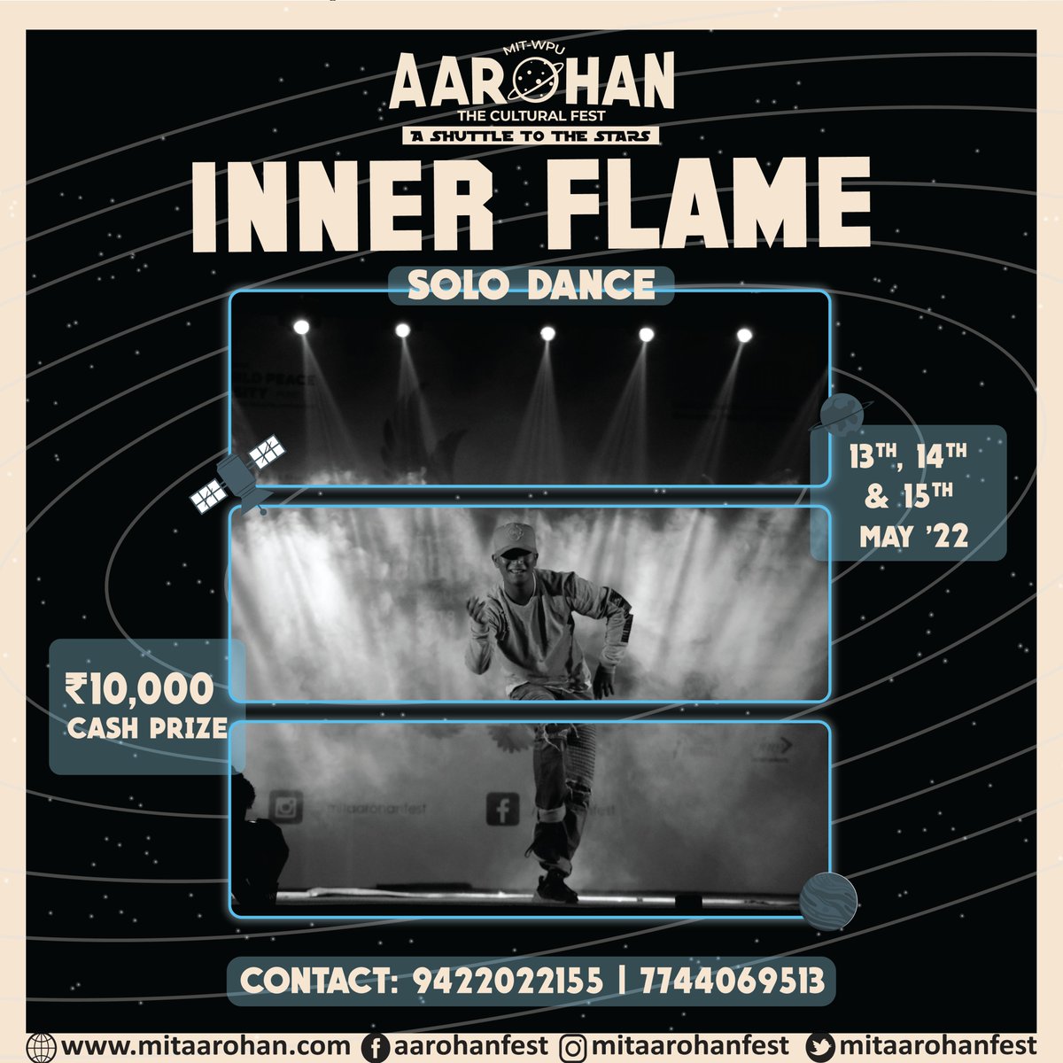 mitaarohanfest's tweet photo. "Dance from your heart and let your passion shine through!"
MIT-WPU Aarohan-The Cultural Fest presents to you our own Solo Dancing Competition - Inner Flame, to let your passion shine.

#mitaarohanfest2022 #mitaarohan #culturalfest #fest #innerflame #dance #solodance #solodancer https://t.co/RUeiOKinkD