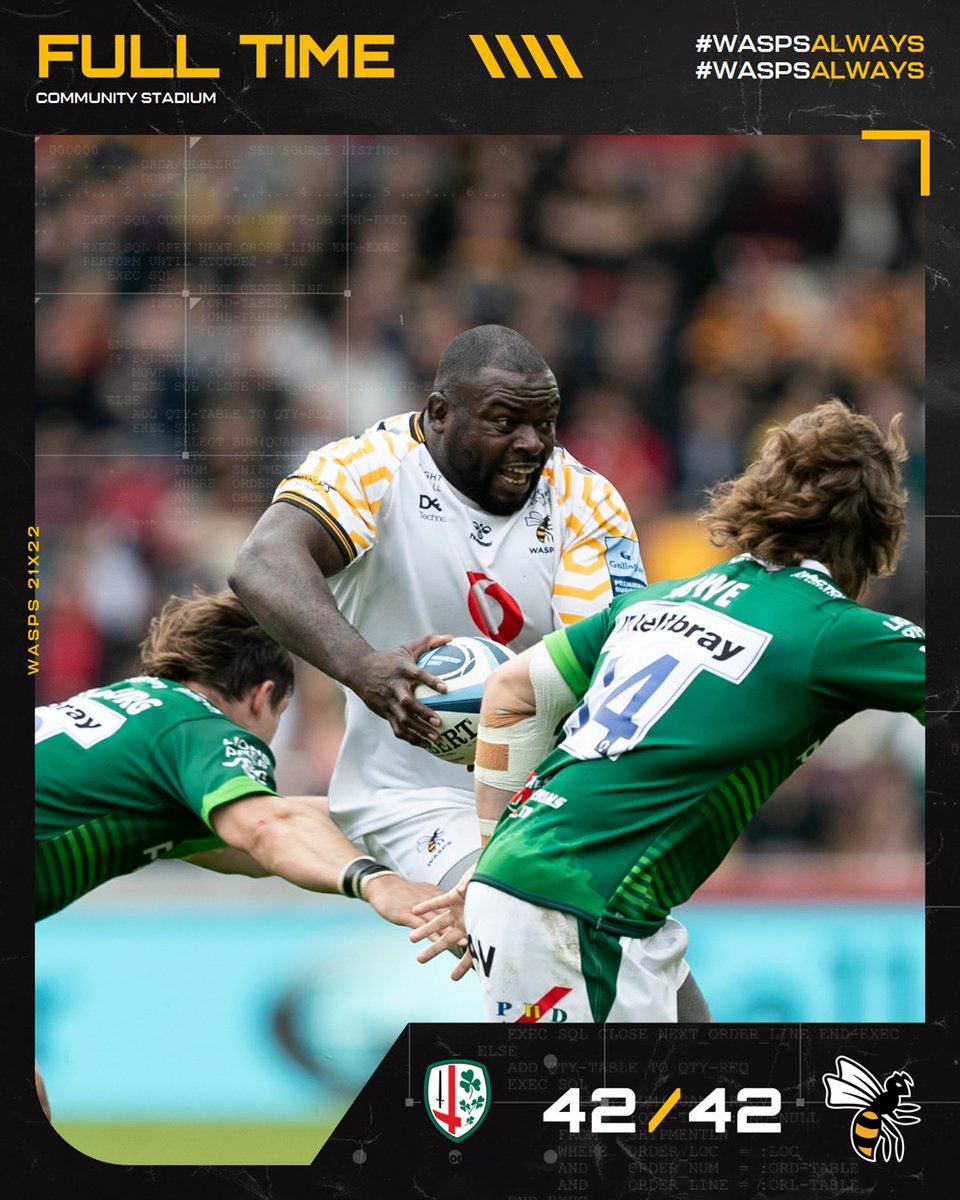 WaspsRugby's tweet photo. FULL TIME | 

London Irish penalty try to close the game. 

Tough one to take.  

🍀 42 - 42 🐝 https://t.co/Rb4JlgetiN